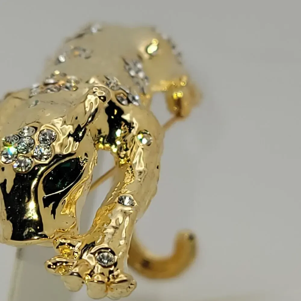 Vintage Gold-Tone Panther Brooch Green Rhinestone Eyes & Clear Rhinestones